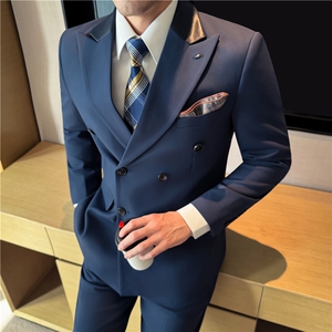 秋冬厚款双排扣条纹拼皮西装商务休闲西服套装浅蓝色LJT931-P230图片