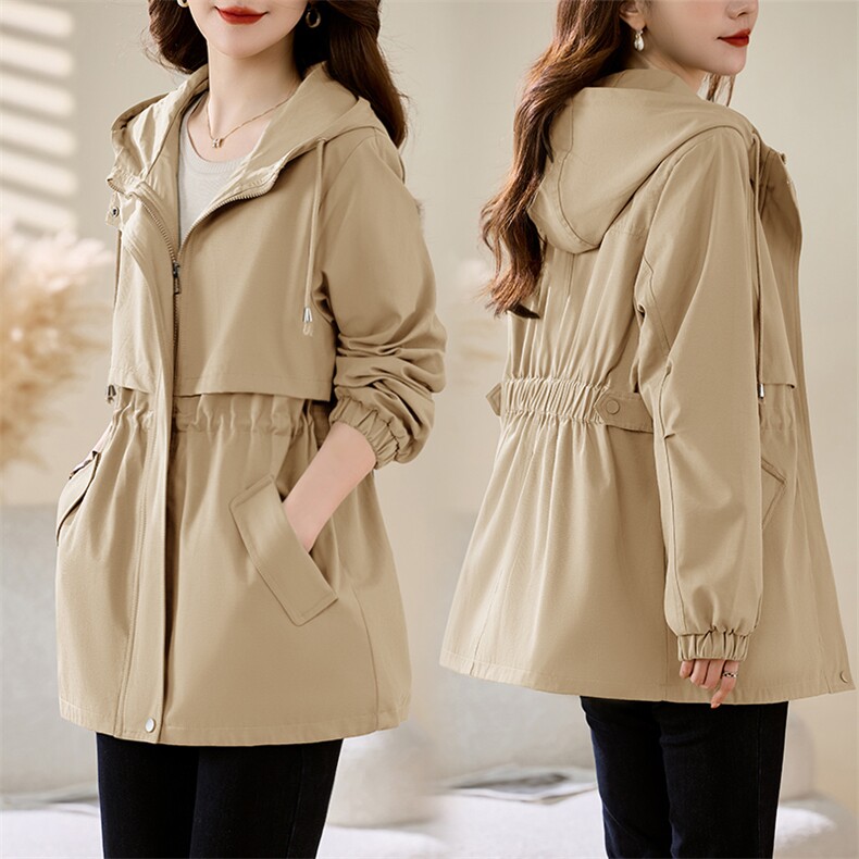 高级感休闲百搭短款风衣女2025春秋新款抽绳收腰显瘦工装连帽外套,女装风衣,慕咨