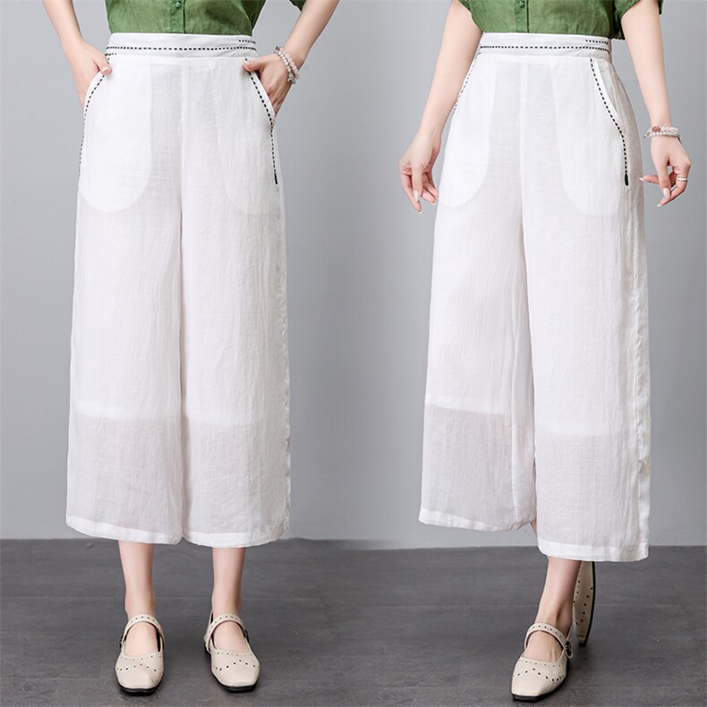 COCOZONE刘一一100亚麻2025夏季新款老钱风宽松阔腿白色休闲裤，女装大码女装，奕阳依阁