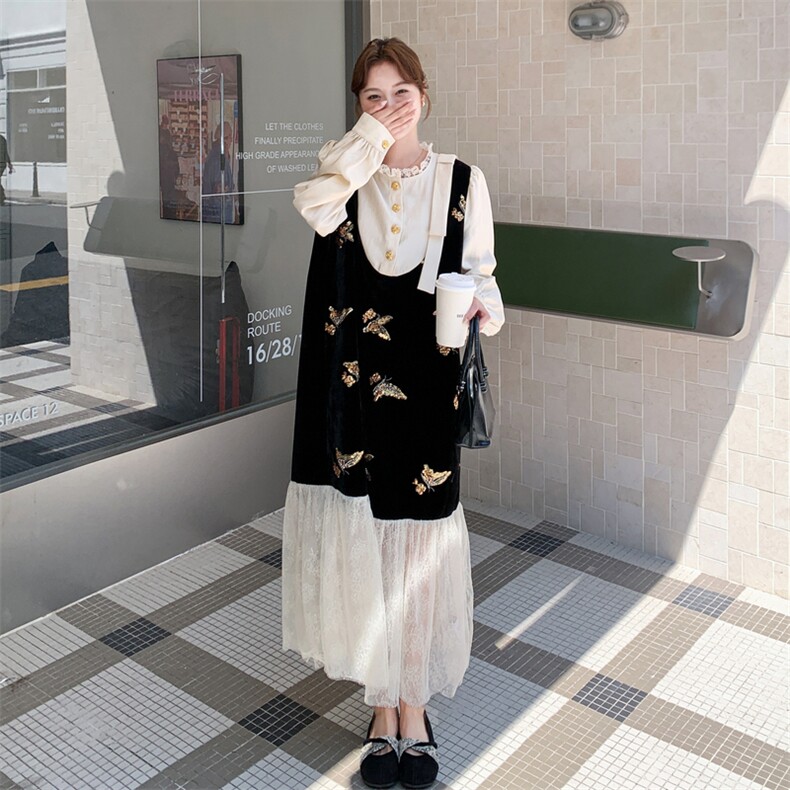 法式高级感假两件拼接连衣裙女2025秋季新款独特别致宽松显瘦长裙,女装连衣裙,2C032