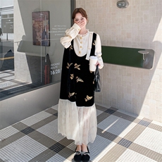 法式高级感假两件拼接连衣裙女2025秋季新款独特别致宽松显瘦长裙，女装连衣裙，2C032