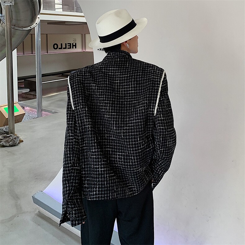 立领小香风珍珠设计感千鸟格宽松西服X13/P70降,男装西服,电商A243