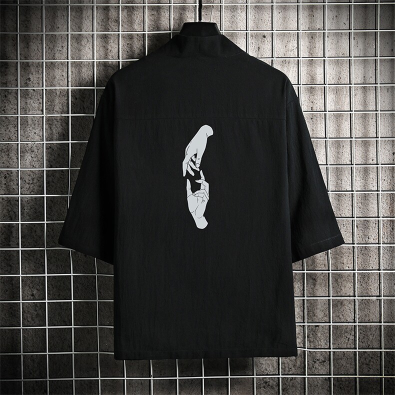 HF59147-P40风汉服男开衫外套七分袖道袍网格挂拍，男装民族服装，电商A040A