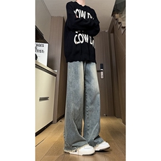现货直筒渐变休闲裤女宽松复古蓝毛边牛仔裤男K5825-P55控78，男装休闲裤，星座205