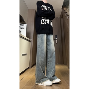 现货 直筒渐变休闲裤女宽松复古蓝毛边牛仔裤男 K5825-P55 控78图片