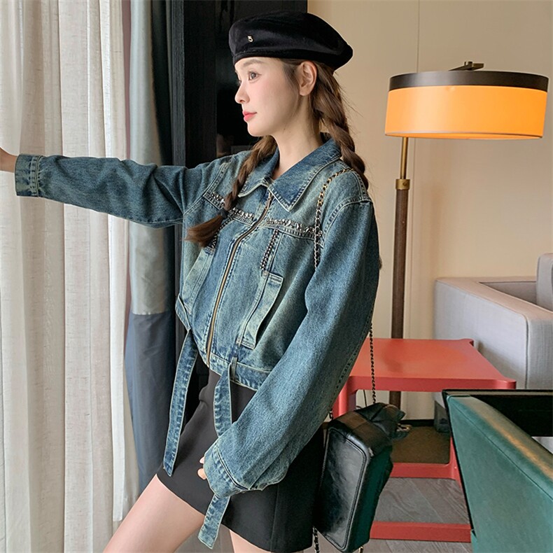 港味酷飒风男友控牛仔夹克女春秋新款韩版小个子美式显瘦短款外套,女装牛仔外套,纯色衣恋