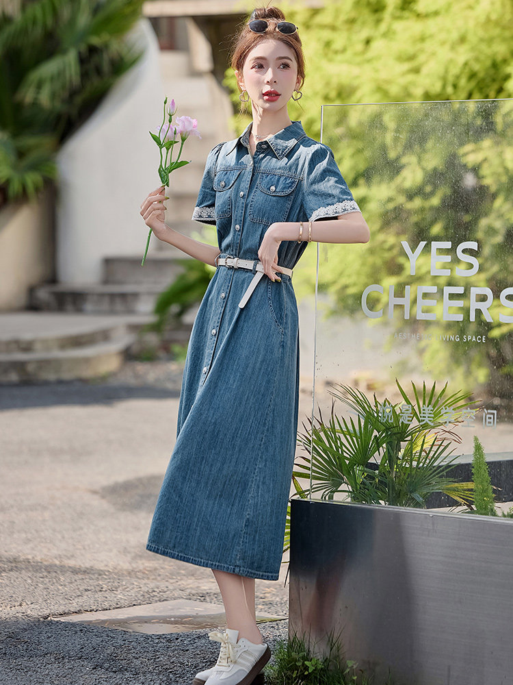 蕾丝拼接收腰牛仔连衣裙女2025夏季复古港风设计感又酷又飒连衣裙,女装连衣裙,E百度