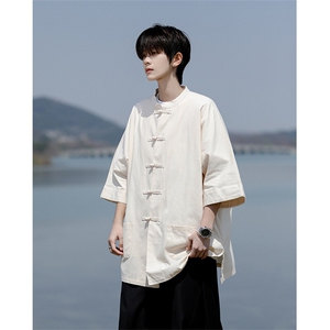 8XL-M 新中式衬衫男中山装麻棉风复古中袖衬衣唐装CS527P60图片