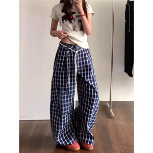 新款百搭格子休闲裤男女秋季新款宽松慵懒风阔腿直筒裤L90533-P54图片