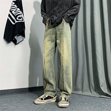 B221美式ins高街小众情侣款毛边直筒牛仔裤LK23013-P60控78，男装牛仔裤，电商B221