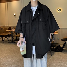 衬衫宽松型ins日系纯色方领青春流行男五分袖潮夏季日常9237P48，男装衬衫，星座410-2