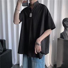 白色V领衬衫男短袖polo衫冷淡风男装高级感oversize大码衬衣t恤潮，男装衬衫，电商A141