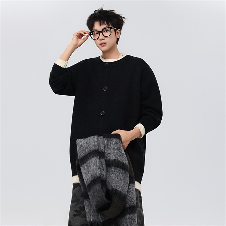 撞色拼接假两件开衫毛衣外套男冬季韩版痞帅打底针织衫情侣款上衣，男装T恤，四季星座505