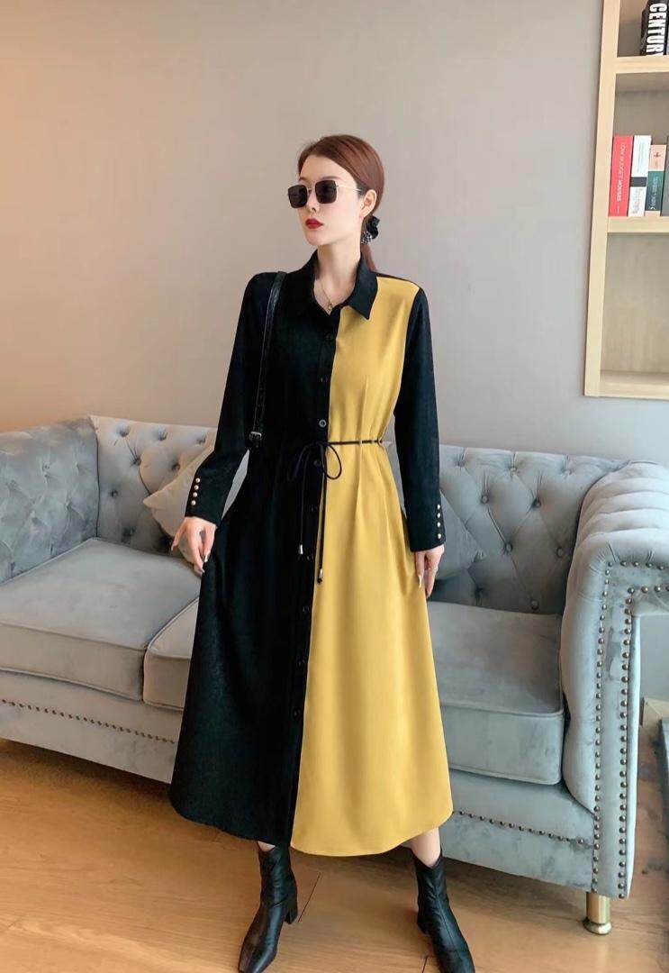 【现货】【】系带收腰拼色撞色中长款连衣裙，女装连衣裙，名门秀