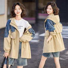 港风连帽风衣女中长款2024秋季新款韩系宽松休闲时尚拼接牛仔外套，女装风衣，悦祺