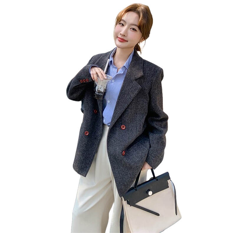 灰色西装外套女2025春季新款复古设计感韩系气质休闲百搭通勤西服,女装短外套,2C262