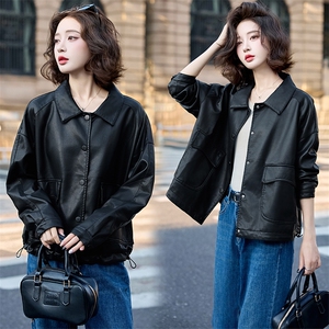 高端小翻领单排扣皮衣女2025秋季新款时尚百搭短款机车服夹克外套图片