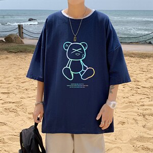 YT26139-P30 亚麻短袖t恤男大码五分袖男宽松七分袖 港风模特图片