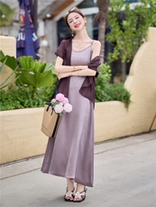 现货可推可退现2025夏季新款天丝轻薄防晒短袖衬衫提花吊带连衣裙，女装套装/套裙，苗苗