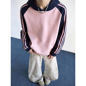 抖音得物高品质春装新款男女美式高街全棉拼接袖连帽织带卫衣CM08图片