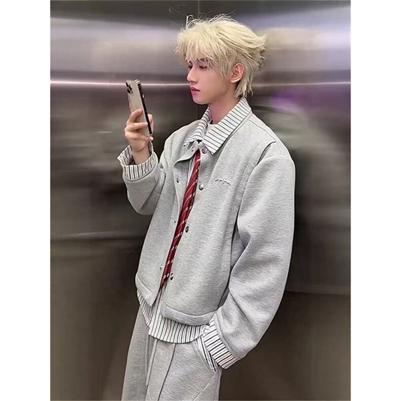 网图有货条纹衬衫假两件拼接开衫卫衣翻领宽松外套男女A997-P58,男装衬衫,星座1505