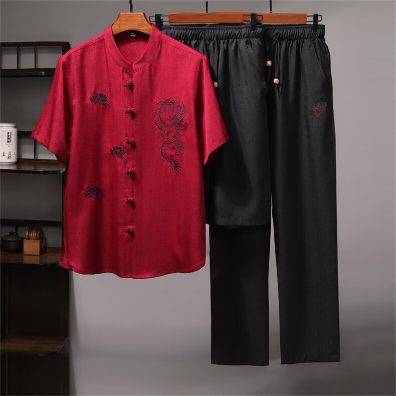 风短袖衬衫唐装长裤三件套男士夏中老年中式汉服MJ5101C-P115图片