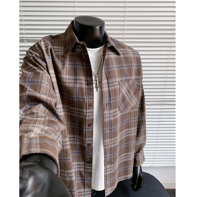 美式复古格子衬衫男设计感衬衣高街休闲百搭情侣外套G1146特P40，男装衬衫，电商A339