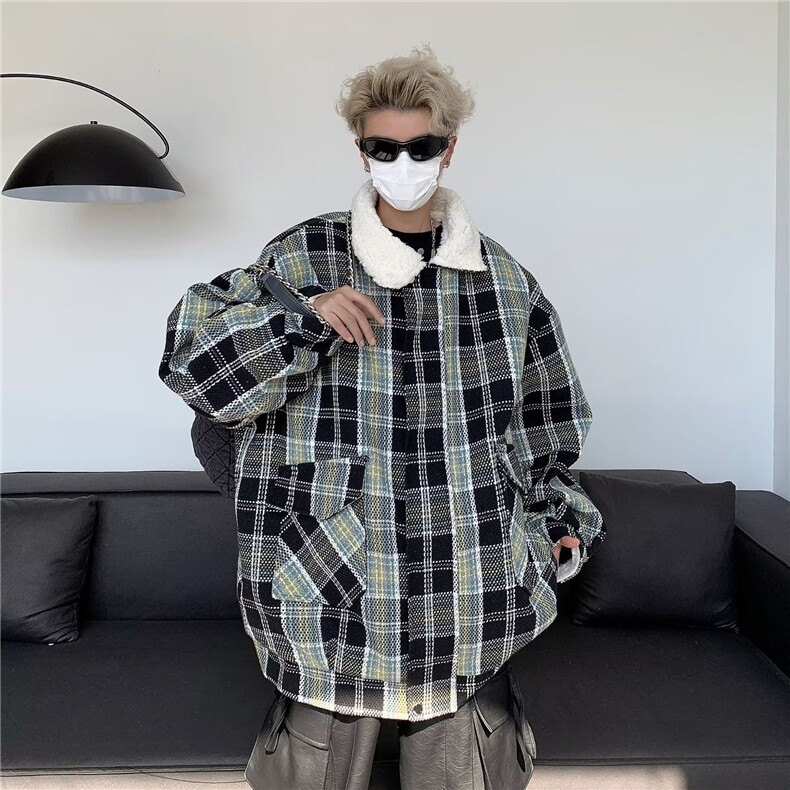 外套男秋冬季羊羔毛棉服加厚小香风宽松格子棉衣潮8029P88,男装棉衣,星座410-2