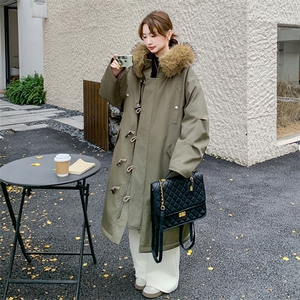 军绿色中长款大毛领连帽羽绒棉服女冬季超火好看加厚棉衣棉袄外套图片