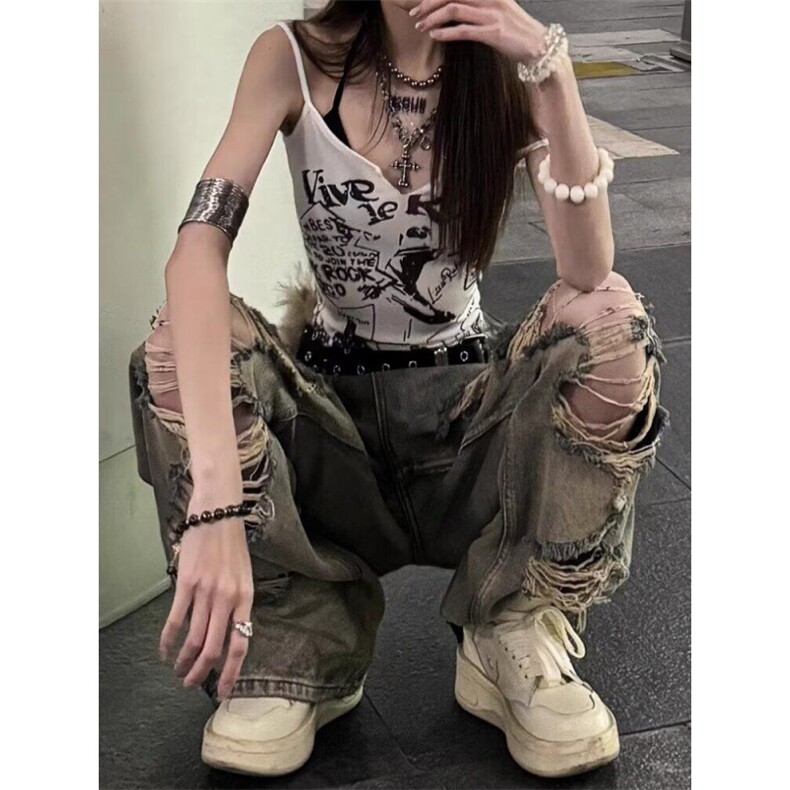 新款美式复古夏季辣妹个性痞帅酷破洞牛仔裤直筒宽松拖地裤,男装牛仔裤,星座506A