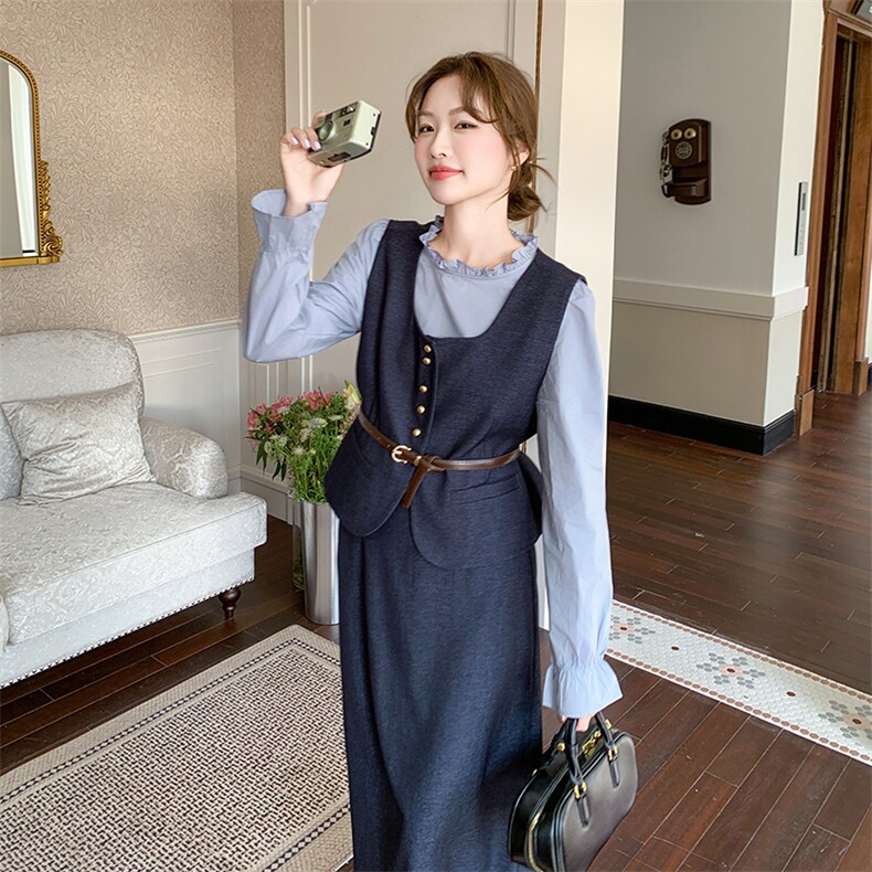 深蓝色马甲套装裙女2025春季新款韩系高级感气质显瘦半身裙三件套图片