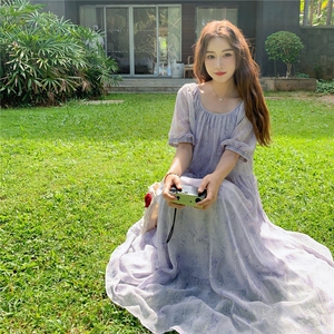 法式气质紫色长袖连衣裙女夏季2025新款小个子海边度假茶歇裙子图片