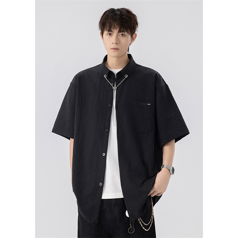 特批P28无差价夏季潮牌挂链男宽松慵懒高街痞帅短袖衬衫CD5511，男装衬衫，电商A001