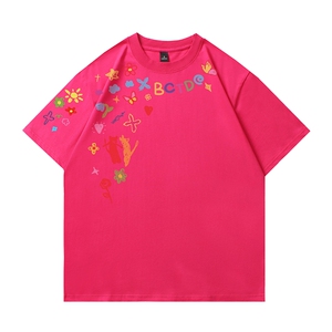 白底得物美式蝴蝶花卉涂鸦抖音直播短袖220克纯棉T5147P28图片