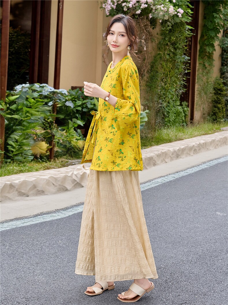 新中式印花宽松喇叭袖小衫配裙裤时尚气质两件套女,女装套装/套裙,水衣源