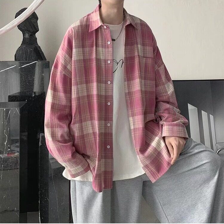 C203-P30 简约薄款港风格子衬衫ins男生韩版情侣潮流宽松休闲长袖图片