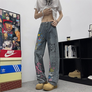 美式高街涂鸦牛仔裤男款时尚穿搭裤子设计感显瘦直筒微喇裤