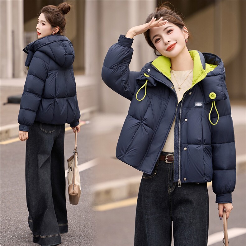 时尚撞色藏青色连帽羽绒服女2025冬季新款洋气宽松保暖白鸭绒外套，女装羽绒服，艾尚靓装