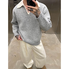 重磅北极绒假两件衬衫领毛衣美式高街复古休闲慵懒纯色翻领针织衫，男装针织衫/毛衣，电商A486-1