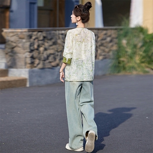欧货新中式轻国风外套女2024春夏新款圆领盘扣印花刺绣薄款防晒衣图片