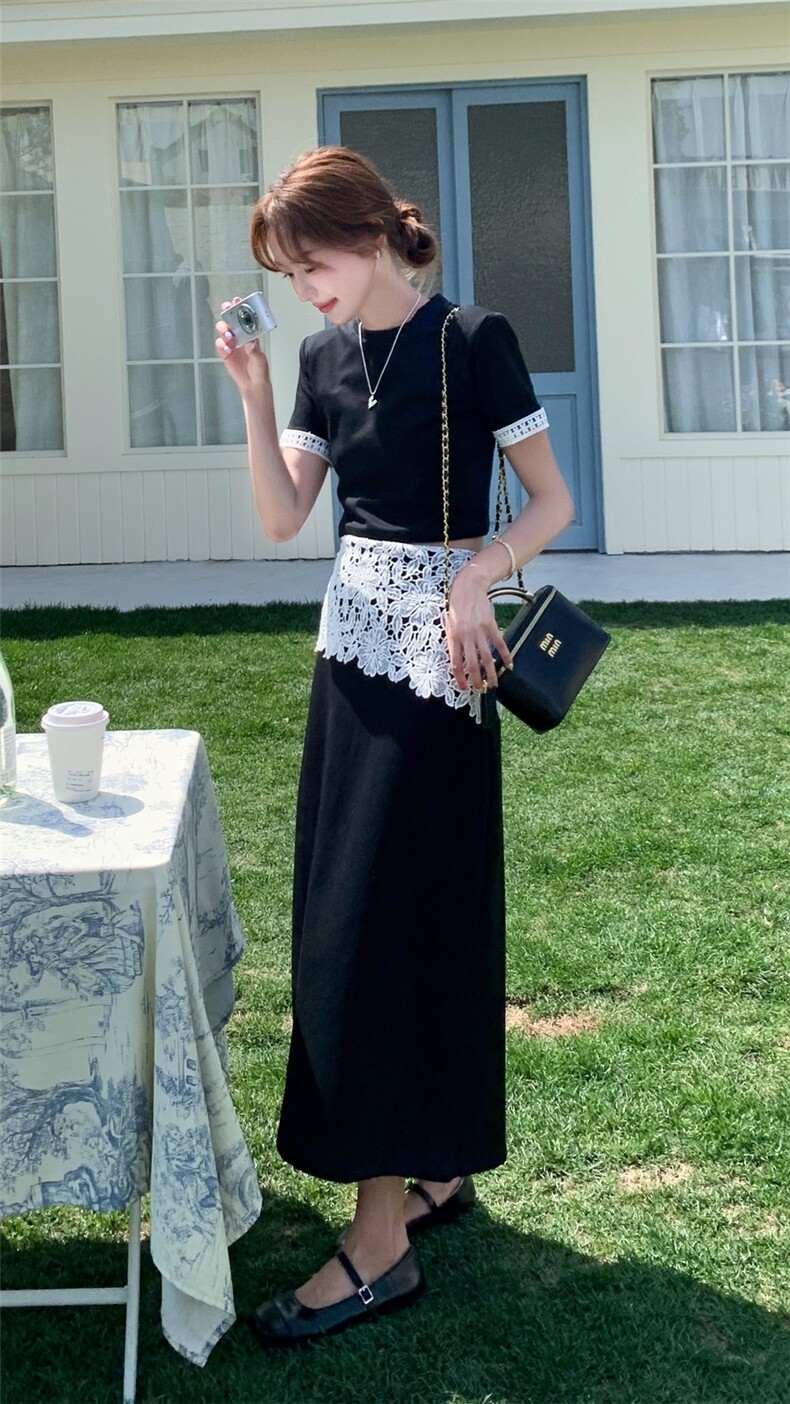 时尚套装包臀裙气质夏季开叉蕾丝短裙女装拼接半裙短袖显瘦高腰,女装套装/套裙,2D148