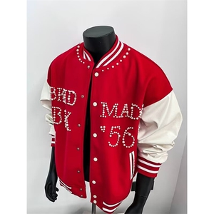 美式珍珠红色拼接棒球服男女春秋季新款夹克立领外套HH513 P74图片