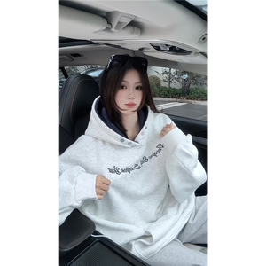 ！个性绣花拼接撞色卫衣冬季加绒连帽衫外套WR2250JR-P65控98图片