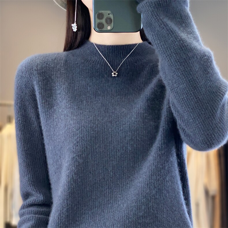 新款女士半高领羊毛衫桂花针纯色时尚百搭显瘦保暖毛衣,女装羊毛衫,九嘉羊绒