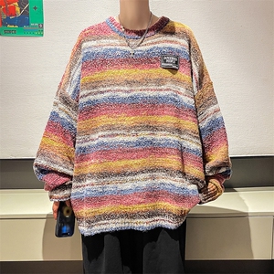 日系宽松慵懒风毛衣男2024春秋季条纹针织衫港风宽松情侣线衣图片