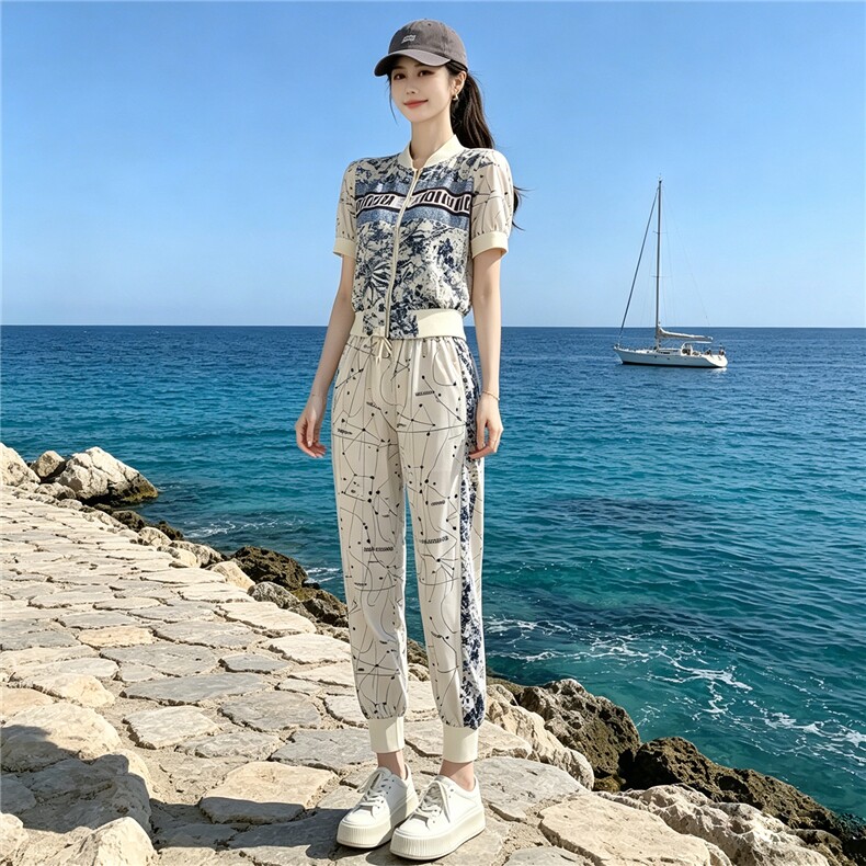 休闲运动套装女夏季新款韩版显瘦拉链开衫短袖卫衣束脚卫裤两件套,女装套装/套裙,江南