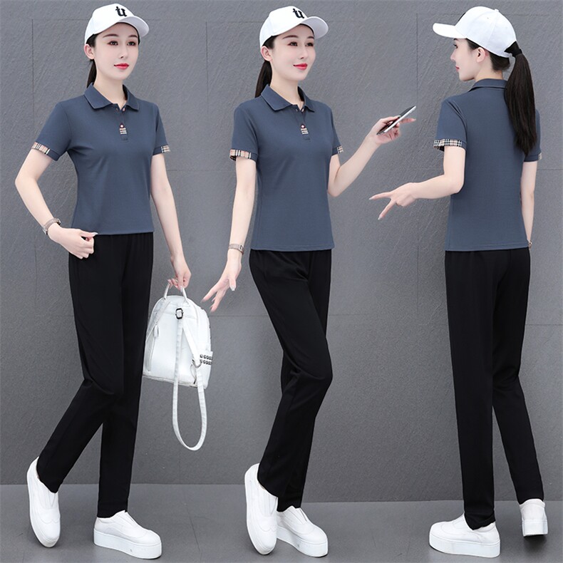 燕颉女士夏季天丝罗马棉运动套装薄款翻领休闲服时尚跑步服两件套,女装套装/套裙,燕颉服饰