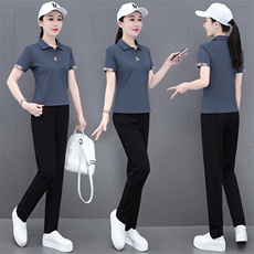 燕颉女士夏季天丝罗马棉运动套装薄款翻领休闲服时尚跑步服两件套，女装套装/套裙，燕颉服饰
