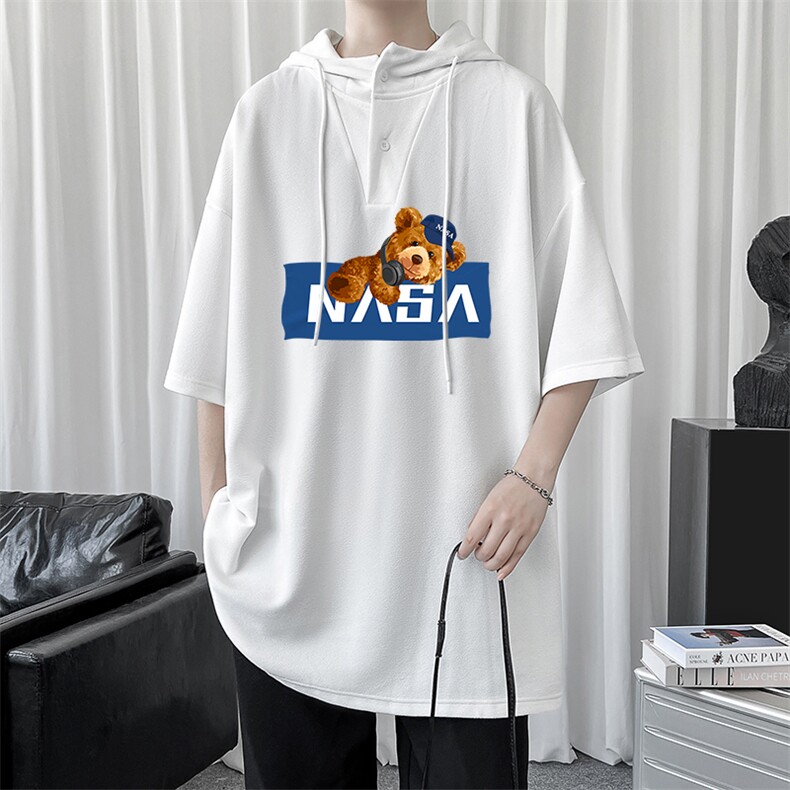 LD54247-P45NASA连帽短袖t恤男大码胖子带帽五分袖中袖,男装T恤,电商A040