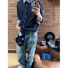 现货蓝色格子拼接翻领长袖上衣情侣款男女假两件衬衫CX03-TP45，男装衬衫，星座910A